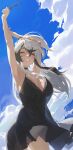  1girl ^_^ absurdres armpits arms_up bangs black_dress black_hair blue_sky breasts cleavage closed_eyes cloud day dress glasses grin highres holding holding_eyewear large_breasts mole mole_on_cheek mole_under_eye mole_under_mouth original sky sleeveless sleeveless_dress smile so_shio solo white_hair 