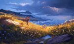  blue_sky cloud cloudy_sky danfango day deer flower goat highres no_humans original outdoors rock scenery sky 