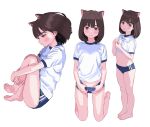  1girl animal_ear_fluff animal_ears bangs barefoot blush_stickers bra brown_eyes brown_hair buruma closed_mouth commentary full_body gym_uniform highres kneeling lifted_by_self looking_at_viewer looking_down medium_hair multiple_views navel original parted_lips shiren_(ourboy83) shirt short_sleeves simple_background standing underwear white_background white_bra white_shirt 