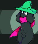  aliasing anthro big_ears black_body black_fur bodily_fluids bovid caprine catjam_(artist) clothing deltarune eyewear fur genital_fluids girly glasses goat green_clothing green_hat green_headwear hat headgear headwear looking_at_viewer male mammal pink_scarf precum ralsei scarf simple_background smile solo thick_thighs undertale_(series) video_games 