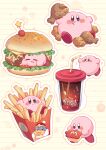  :q blue_eyes blush burger chinese_commentary closed_eyes commentary_request drinking_straw eating food food_on_face french_fries fried_chicken holding ice ice_cube king_dedede kirby kirby_(series) multiple_views no_humans smile soda tongue tongue_out wuxu_you_de_zuobiao 