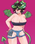  1girl absurdres ahoge bandeau black_hair blush breasts colored_tongue contrapposto demon_girl demon_horns demon_tail demon_wings denim denim_shorts diforland groin highres horns huge_breasts messy_hair navel one_eye_closed original pointy_ears red_eyes revealing_clothes shorts solo tail tongue tongue_out torn_clothes torn_shorts wings 