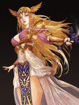  1girl armor bangs black_background blonde_hair blue_eyes bracer breasts cowboy_shot crown dress head_wings holding holding_sword holding_weapon long_hair looking_at_viewer medium_breasts parted_bangs parted_lips pointy_ears princess_zelda purple_dress redesign shoulder_armor solo sword the_legend_of_zelda two-tone_dress vhyrel weapon white_dress 