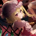  2girls banned_artist blonde_hair cloud flandre_scarlet hat looking_back minust mob_cap moon multiple_girls night night_sky one_side_up puffy_sleeves red_eyes red_vest remilia_scarlet short_sleeves sky solo_focus touhou vest wings 