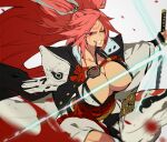  baiken bangs big_hair black_kimono blood breasts cleavage cowboy_shot eyepatch eyewear_in_mouth facial_mark facial_tattoo fighting_stance forehead_mark gabu_(az210309) grin guilty_gear guilty_gear_strive holding holding_sword holding_weapon huge_breasts japanese_clothes katana kimono long_hair looking_up mouth_hold multicolored_clothes multicolored_kimono one-eyed one_eye_closed open_clothes open_kimono parted_bangs pink_hair ponytail red_eyes scar scar_across_eye smile swept_bangs sword tattoo teeth weapon white_background white_kimono wide_ponytail 