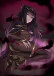  1girl bangs black_hair black_nails blunt_bangs bodystocking bracelet breasts bridal_gauntlets cape closed_mouth eyes_visible_through_hair fingernails fire_emblem fire_emblem_awakening hand_on_own_thigh high_heels highres jewelry long_hair looking_at_viewer magic_circle medium_breasts no_pupils pink_eyes puchiman ring skin_tight solo tharja_(fire_emblem) thighlet tiara two_side_up 