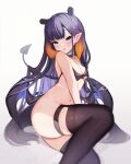  1girl :p animal_ears bikini bikini_top_only black_bikini black_thighhighs bottomless breasts demon_tail demon_wings english_commentary extra_ears highres hololive hololive_english koahri long_hair looking_at_viewer lying navel ninomae_ina&#039;nis on_side orange_hair pointy_ears purple_eyes purple_hair simple_background small_breasts solo swimsuit tail tentacle_hair thigh_strap thighhighs tongue tongue_out untied untied_bikini very_long_hair virtual_youtuber white_background wings 