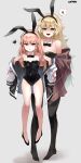  2girls :o absurdres alternate_costume animal_ears artist_name bangs bare_legs bare_shoulders black_bow black_bowtie black_footwear black_leotard black_pantyhose blonde_hair blush bow bowtie breasts cleavage commission detached_collar driver-vibl fake_animal_ears full_body girls&#039;_frontline green_eyes heart highres jacket jacket_pull large_breasts legs leotard long_hair long_sleeves looking_at_viewer multiple_girls no_shoes open_mouth pantyhose pink_hair playboy_bunny rabbit_ears red_eyes s.a.t.8_(girls&#039;_frontline) saliva simple_background small_breasts smile standing teeth traditional_bowtie type_80_(girls&#039;_frontline) upper_teeth white_jacket 