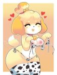  &lt;3 absurd_res animal_bikini animal_crossing animal_print anthro areola bell bell_collar bikini blush breasts canid canine canis clothing collar countershading cow_bikini cow_print cow_print_bikini cow_print_thighhighs cowbell digital_media_(artwork) domestic_dog exposed_breasts female fingers fur hair hi_res holding_object isabelle_(animal_crossing) legwear mammal navel nintendo onigiri_punch open_mouth open_smile pattern_clothing pattern_swimwear shih_tzu simple_background smile solo standing swimwear tail_motion tailwag thick_thighs thigh_highs toy_dog video_games yellow_body yellow_fur 