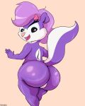  absurd_res accessory anthro big_butt bow_ribbon butt female fifi_la_fume fur genitals hair hair_accessory hair_bow hair_ribbon hi_res huge_butt looking_back maldoando mammal mephitid nude purple_body purple_fur pussy ribbons simple_background skunk solo tiny_toon_adventures warner_brothers 