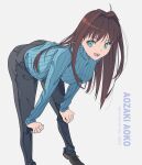  1girl absurdres anianiani0607 aozaki_aoko ass black_pants blue_eyes blue_sweater breasts brown_footwear brown_hair character_name commentary_request copyright_name denim grey_background hair_intakes highres jeans long_hair long_sleeves mahou_tsukai_no_yoru medium_breasts open_mouth pants pocket ribbed_sweater shoes simple_background smile solo sweater teeth upper_teeth 