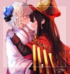  2girls ahoge amane_(7783) blonde_hair blush brown_hair cape cape_grab face-to-face fate/grand_order fate_(series) gloves green_eyes hand_on_another&#039;s_chin hand_on_another&#039;s_shoulder hat heart highres japanese_clothes kimono koha-ace licking_lips long_hair looking_at_another multiple_girls oda_nobunaga_(fate) oda_nobunaga_(koha-ace) okita_souji_(fate) okita_souji_(koha-ace) parted_lips peaked_cap red_cape red_eyes short_hair tongue tongue_out white_gloves yuri 