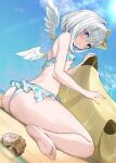 1girl :&lt; amane_kanata angel_wings ass back bangs barefoot beach bikini blue_hair blue_sky blush bob_cut breasts cloud colored_inner_hair commentary crystal_shoujo detached_wings feathered_wings feathers feet foreshortening frilled_bikini frills from_side hair_between_eyes halo highres hololive inflatable_toy light_rays looking_at_viewer looking_back looking_down mini_wings multicolored_hair outdoors parted_lips perspective purple_eyes seashell shell short_hair single_hair_intake sitting sky small_breasts soles solo star_halo streaked_hair sunbeam sunlight swimsuit two-tone_hair underboob virtual_youtuber wariza wet white_bikini white_feathers white_hair white_wings wings 