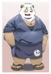  2022 anthro belly big_belly black_nose brown_body clothed clothing footwear giant_panda hat headgear headwear hi_res hon55728 kemono male mammal moobs overweight overweight_male sandals solo ursid white_body 