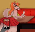  absurd_res anthro biggslorp blush bottomwear breasts butt canid canine clothed clothing female genitals hair hi_res looking_at_viewer mammal phone pussy skirt smile solo upskirt 