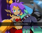  2girls blue_eyes bracelet circlet colored_skin datwondoude earrings green_skin harem_pants he_wants_to_order_(meme) highres hoop_earrings jewelry looking_at_viewer meme midriff multiple_girls pants ponytail purple_hair rottytops shantae shantae_(series) solo 