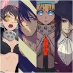  2boys 2girls absurdres bandana bangs bikini bikini_top_only black_bikini black_coat black_hair black_headwear black_shirt blonde_hair blue_eyes border breasts capelet cigarette cleavage coat collared_shirt en&#039;en_no_shouboutai evil_grin evil_smile gloves gon_oekaki grin habit hair_between_eyes hat highres index_fingers_together iris_(en&#039;en_no_shouboutai) joker_(en&#039;en_no_shouboutai) long_hair looking_at_viewer mismatched_pupils mouth_hold multiple_boys multiple_girls navel nun one_eye_covered open_clothes open_coat open_mouth own_hands_together panels parted_lips purple_eyes purple_vest ringed_eyes shinmon_benimaru shirt small_breasts smile stomach swimsuit symbol-shaped_pupils tamaki_kotatsu teeth upper_body v-shaped_eyebrows vest white_border white_gloves white_shirt yellow_eyes 