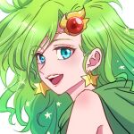 1girl aged_up earrings final_fantasy final_fantasy_iv green_eyes green_hair hair_ornament jewelry long_hair looking_at_viewer open_mouth rydia_(ff4) sa_kichi simple_background smile solo white_background 