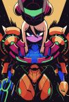  1girl absurdres arm_cannon blonde_hair blue_eyes bodysuit dark_background furrowed_brow helmet highres jaggy_lines long_hair looking_at_viewer metroid mole mole_under_mouth rariatto_(ganguri) samus_aran serious shaded_face solo varia_suit weapon zero_suit 