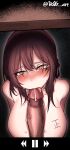  1girl absurdres arms_behind_back artist_name bangs blush braid breasts brown_eyes brown_hair commission dogs_(dlrkdejr26) facial_mark fellatio female_commander_(girls&#039;_frontline) french_braid girls&#039;_frontline highres korean_commentary large_breasts long_hair looking_at_viewer nude oral penis phone_screen simple_background solo sweat sweatdrop table tears tongue twitter_username under_table upper_body 