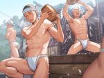  4boys abs ass bandana bara box breath closed_eyes donation_box fundoshi highres japanese_clothes looking_to_the_side male_focus male_underwear multiple_boys muscular muscular_male open_mouth original outdoors pouring pouring_onto_self shaved_head shide shrine tettabuzz thick_eyebrows underwear white_bandana white_male_underwear 