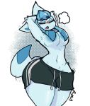  anthro anthrofied big_breasts blue_body blue_fur blush bodily_fluids bottomwear breasts breath canid clothed clothing convenient_censorship covered_nipples eeveelution eyes_closed female fur generation_4_pokemon glaceon hands_behind_head hetfli hi_res mammal navel nintendo pokemon pokemon_(species) raised_arms shorts solo stretching sweat thick_thighs topless topless_female video_games wide_hips 