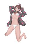  1girl :3 absurdres arms_up asahina_aoi bare_legs barefoot bikini blue_eyes breasts brown_hair closed_mouth collarbone danganronpa:_trigger_happy_havoc danganronpa_(series) dark-skinned_female dark_skin full_body grey_jacket hair_ornament hands_up highres jacket long_sleeves medium_breasts navel open_clothes open_jacket puchiman short_hair simple_background sleeves_past_wrists smile solo star_(symbol) star_print swimsuit underboob v-shaped_eyebrows white_background white_bikini 