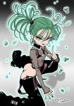  1girl :d absurdres ass bikini black_bikini breasts earrings floating floating_object green_eyes green_hair highres jewelry kneeling looking_at_viewer myahogao necklace nipples one-punch_man see-through side_ponytail sleeves_past_wrists small_breasts smile solo swimsuit tatsumaki 