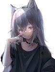  1girl absurdres animal_ear_fluff animal_ears bangs black_collar black_shirt closed_mouth collar collarbone commentary_request fang fang_out grey_hair hair_between_eyes hand_up highres i_hinoe original purple_eyes shirt short_sleeves simple_background smile solo upper_body white_background 