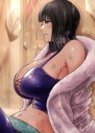  1girl black_eyes black_hair blood blood_on_face blurry blurry_background breasts cleavage coat commentary crop_top cross-laced_clothes crying dirty dirty_face eyelashes from_side fur-trimmed_coat fur_trim injury large_breasts moriton navel nico_robin off_shoulder one_piece parted_lips profile purple_shirt rubble shirt short_hair sitting sleeveless solo stomach straight_hair tearing_up tears upper_body white_coat 