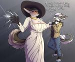  absurd_res alcina_dimitrescu anthro big_breasts blush breasts canid canine capcom clothed clothing dominant dominant_female dragon duo elm_(glue) embarrassed female fur furred_dragon glue_(artist) happy hi_res larger_female male mammal neck_grab resident_evil size_difference vampire video_games 