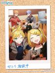  1girl 3boys :d ^_^ aoyagi_touya aqua_eyes artist_name black_choker blonde_hair blue_shirt bow bulletin_board cafe chair choker closed_eyes commentary_request food grey_bow grey_jacket grey_vest grin hair_bow headphones headset high_ponytail jacket kagamine_len kagamine_rin long_sleeves microphone multicolored_hair multiple_boys official_art one_eye_closed open_mouth pancake pancake_stack photo_(object) project_sekai red_shirt sakusya2honda shinonome_akito shirt short_hair sidelocks smile split-color_hair table translation_request vest vivid_bad_squad_(project_sekai) 