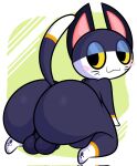  2022 3_fingers 3_toes :3 abstract_background all_fours animal_crossing anthro backsack balls big_butt black_body black_eyes blush border butt butt_focus dipstick_tail domestic_cat ekkokenight feet felid feline felis fingers genitals glistening glistening_butt gloves_(marking) half-closed_eyes hi_res huge_butt leg_markings looking_back male mammal markings multi_tone_body narrowed_eyes nintendo nude orange_body paws presenting presenting_hindquarters punchy_(animal_crossing) raised_tail rear_view shaded simple_background socks_(marking) solo tail_markings thick_thighs toes video_games whiskers white_body white_border yellow_background yellow_sclera 
