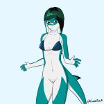  2022 5_fingers anthro bikini blacktip_shark bottomless breasts carcharhinus clothed clothing digital_drawing_(artwork) digital_media_(artwork) female fingers fish genitals giannipapetti green_eyes green_hair hair hi_res lamnid lamniform mako_shark marine multicolored_body piper_(giannipapetti) portrait pussy requiem_shark scalie shaded shark signature simple_background solo swimwear teal_body three-quarter_portrait topwear 