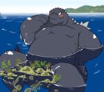  alternate_version_at_source anthro belly black_body black_scales blush bubble butt dinosaur dorsal_spikes embarrassed fangs fart fart_bubbles fart_fetish godzilla godzilla_(series) hi_res island kaiju kemono male onomatopoeia overweight overweight_male reptile scales scalie sea solo sound_effects swimming text theycallmebeans toho water 
