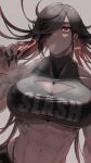  1girl abs black_hair breasts candy candy_bar cleavage english_text fingernails food hair_over_eyes highres large_breasts looking_at_viewer multicolored_hair muscular muscular_female original red_eyes red_hair sharp_fingernails signature solo sunsirou 