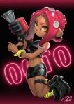  1girl absurdres agent_8_(splatoon) black_footwear black_skirt boots chromatic_aberration closed_mouth crop_top dark-skinned_female dark_skin full_body highres long_hair miniskirt navel octoling octoling_girl octoshot_(splatoon) platform_footwear platform_heels puchiman red_hair single_bare_shoulder single_sleeve skirt solo splatoon_(series) splatoon_2 splatoon_2:_octo_expansion squidbeak_splatoon suction_cups tentacle_hair thigh_strap turtleneck yellow_eyes 