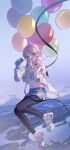  1girl absurdres airborne arknights balloon black_pants blue_eyes blue_poison_(arknights) blue_poison_(shoal_beat)_(arknights) blue_shorts blue_sky braid breasts cellphone choker earrings hairband hands_up highres holding holding_phone jacket jewelry long_hair long_sleeves looking_at_viewer midriff mountain nanhanzi navel off_shoulder official_alternate_costume open_clothes open_jacket open_mouth pants pants_under_shorts phone pink_choker pink_hair shoes shorts sky small_breasts smartphone solo twin_braids water white_footwear white_hairband white_jacket 