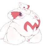  anthro areola balls belly big_belly big_butt blush bodily_fluids breasts butt claws fat_rolls fluffy fluffy_tail full-length_portrait fupa fur generation_3_pokemon genital_fluids genitals hand_on_breast hand_on_stomach hi_res huge_thighs kneeling leaking looking_at_viewer love_handles male moobs navel neck_tuft nintendo nipples obese overweight penis pokemon pokemon_(species) portrait precum radiowave red_body red_eyes red_fur simple_background solo thick_thighs tuft video_games white_body white_fur wide_hips zangoose 