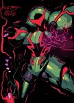  1girl absurdres arm_cannon black_background character_name claws cowboy_shot glowing glowing_hand helmet highres jaggy_lines metroid metroid_dread metroid_suit power_suit rariatto_(ganguri) samus_aran shoulder_spikes solo spikes spoilers weapon 