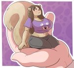  2b-labs anthro big_breasts blush breasts brown_body brown_fur brown_hair female fur hair long_hair malkai_(malkaiwot) mammal micro midriff rodent sciurid shrinking size_transformation solo transformation 