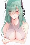  1girl alternate_costume bangs bare_shoulders black_ribbon blush breasts cleavage crossed_arms girls&#039;_frontline green_hair hair_between_eyes hair_ribbon harafrontline highres large_breasts long_hair looking_at_viewer ltlx_7000_(girls&#039;_frontline) mole mole_on_breast open_mouth red_eyes ribbon solo swimsuit upper_body white_background white_one-piece_swimsuit 