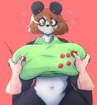  absurd_res anthro big_breasts blush breast_grab breasts clothed clothing controller digital_media_(artwork) dividedwreck female fur game_controller giant_panda green_clothing green_shirt green_topwear hair hand_on_breast hi_res huge_breasts invalid_color lilly_(dividedwreck) mammal shirt shirt_grab simple_background solo tall topwear ursid video_games white_body white_fur 