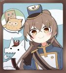  ahoge animal_(nanashi_mumei) band_uniform bangs breath brown_eyes brown_hair cloud cloudy_sky doremifa_rondo_(vocaloid) friend_(nanashi_mumei) gyaheung hair_ornament hairclip hat hololive hololive_english hootsie_(nanashi_mumei) long_hair mini_shako_cap multicolored_hair musical_note musical_note_print nanashi_mumei ponytail shako_cap sky smile speech_bubble strap streaked_hair train_conductor very_long_hair virtual_youtuber wide-eyed 