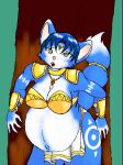  anthro belly big_breasts blue_body blue_fur blue_hair bottomwear bra breasts canid canine clothing danellz digital_media_(artwork) female fox fur green_eyes hair jewelry krystal loincloth mammal markings multicolored_body multicolored_fur navel necklace nintendo open_mouth outie_navel pregnant solo star_fox topwear two_tone_body two_tone_fur underwear video_games white_body white_fur 