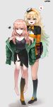  2girls :o absurdres artist_name bangs bare_legs bare_shoulders barefoot black_choker black_shirt black_skirt blonde_hair blush breasts choker commission driver-vibl full_body girls&#039;_frontline green_belt green_eyes green_jacket heart highres jacket jacket_pull large_breasts legs long_hair long_sleeves looking_at_viewer multicolored_clothes multicolored_jacket multiple_girls neck_ribbon official_alternate_costume open_mouth pink_hair red_eyes ribbon s.a.t.8_(girls&#039;_frontline) saliva shirt shoes simple_background skirt small_breasts smile socks standing teeth type_80_(girls&#039;_frontline) type_80_(steel_butterfly)_(girls&#039;_frontline) upper_teeth 