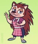  animal_crossing anthro apron artdexo2000 blue_eyes bottomwear brown_body brown_fur brown_hair clothing eulipotyphlan female footwear fur gesture hair hedgehog hi_res lidded_eyes looking_at_viewer mammal multicolored_body multicolored_fur nintendo pants quills sable_able shirt shoes simple_background solo tagme topwear two_tone_body two_tone_fur video_games waving 