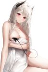  1girl absurdres black_horns blush breasts cleavage closed_mouth collarbone covering covering_breasts demon_girl demon_horns demon_tail highres horns large_breasts long_hair looking_at_viewer lying naked_towel on_side original red_eyes simple_background smile solo tail thighs torrentduck towel very_long_hair white_background white_hair 