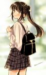  1girl backpack bag bangs black_bag blurry blurry_background blush brown_eyes brown_hair brown_skirt closed_mouth commentary_request hand_up happy holding_strap long_hair long_sleeves looking_at_viewer looking_back miniskirt original plaid plaid_skirt pleated_skirt ponytail school_bag school_uniform shiny shiny_hair shirt shirt_tucked_in signature skirt smile solo standing sugano_manami white_shirt 