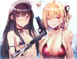  2girls :p ;q alternate_breast_size apron arm_strap armpits bangs bare_arms bare_shoulders bikini black_bikini black_bow black_choker black_hair blonde_hair bow breasts choker cleavage closed_mouth collarbone copyright_name front-tie_bikini_top front-tie_top gun hair_ribbon handgun hands_up highres holding holding_gun holding_weapon huge_breasts inoue_takina long_hair lycoris_recoil m1911 maid maid_headdress micro_bikini multiple_girls nishikigi_chisato one_eye_closed one_side_up orange_eyes purple_eyes red_bikini red_ribbon ribbon s&amp;w_m&amp;p short_hair sidelocks silly_(marinkomoe) small_breasts suppressor swimsuit tongue tongue_out trigger_discipline upper_body w weapon white_apron white_headdress 